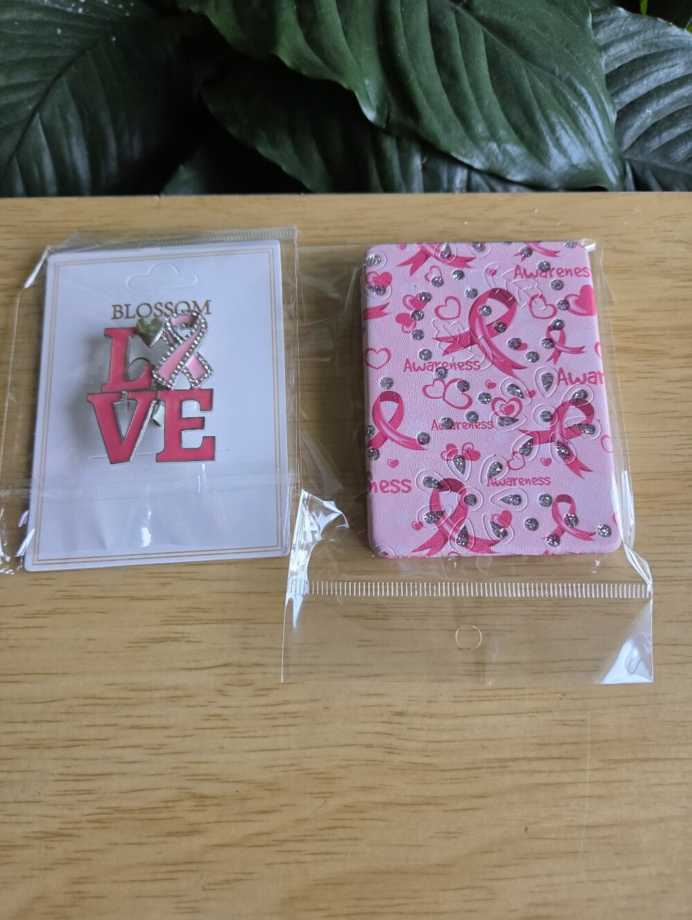 Pink Compact Mirror With Breast Cancer Awareness Logo And Love Brooch